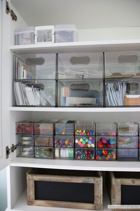 Organized Supply Closet, Stationary Closet Organization, Office Shelf Storage, Home Office Cubby Organization, Small Space File Storage, Craft Tackle Box Storage Ideas, Office Supply Storage Small Spaces, Organizing Office Supply Closet, Organizing Ideas For Office Supplies