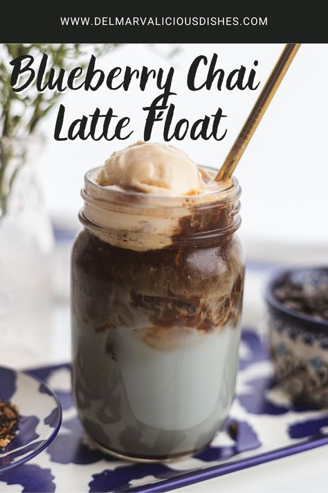 A Blueberry Chai Coffee Ice Cream Float is a coffee dessert recipe that uses cold brew coffee to make a delicious treat! Homemade Blueberry Chai Simple Syrup is combined with your favorite milk, cold brew coffee and topped with a generous scoop of ice cream. This caffeinated dessert is perfect for hot summer days. Spring Coffee Recipes, Chai Simple Syrup, Summer Menu Ideas, Unique Ice Cream Flavors, Caffeinated Drinks, Chai Tea Latte Recipe, Blueberry Milk, Hot Coffee Drinks, Ice Cream Float