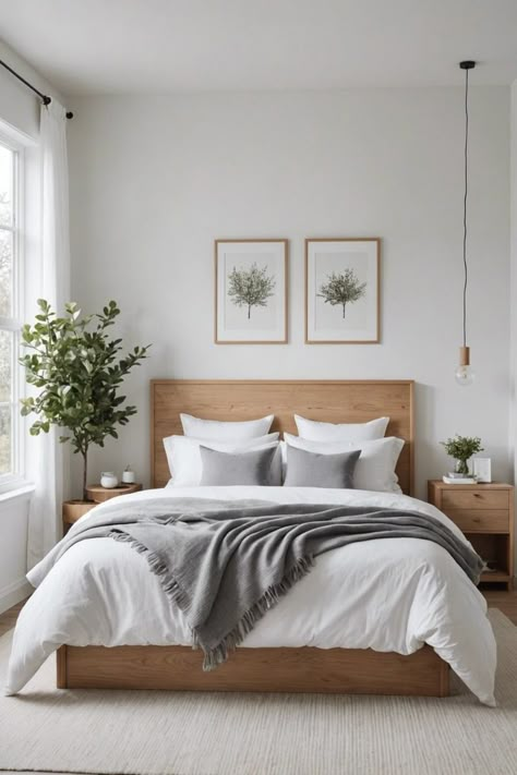 White Bedroom Wood Accents, White Bed Frame Bedroom Ideas, Minimalist Scandinavian Bedroom, Minimalist Boho Bedrooms, Modern Scandinavian Bedroom, European Apartment, Modern White Bedroom, Minimalist Bedroom Ideas, White Wall Bedroom