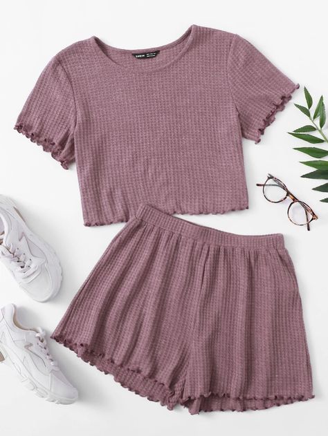 Lettuce Trim Waffle Knit Tee & Shorts Set | SHEIN USA Mode Kimono, Tee Shorts, Pajama Fashion, Sleepwear Fashion, Cute Sleepwear, Cute Lazy Outfits, Swag Outfits For Girls, Lazy Day Outfits, Easy Trendy Outfits