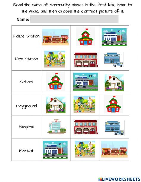 Places In Our Community Preschool, Places In The Community Worksheet, Community Places Worksheets, Places In The Community Kindergarten, Community Places Preschool Activities, Preposition Worksheets Kindergarten, Community Helpers Police, Live Worksheet, Where Do I Live