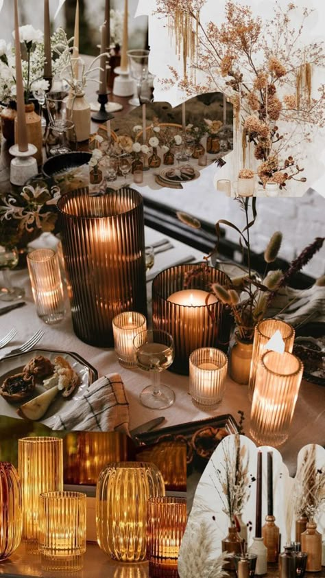 Check out HollyOryshia's Shuffles Eclectic amber glass table centre aesthetic with dried florals ans baby’s breath wedding reception inspo; muted natural colours and greens Eclectic Candle Centerpiece, Amber Vase Wedding Decor, Dried Floral Tablescape, August Wedding Decor Ideas, House Wedding Decorations Indoor, Vases And Candles Centerpieces, Amber Glass Table Decor, Amber Wedding Centerpiece, Boho Candle Centerpieces Wedding