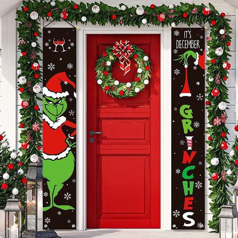 Whaline It's December Grinches Porch Sign Christmas Grinch Porch Sign Funny Xmas Hanging Banners Christmas Door Sign Banner Decor for Home Indoor Outdoor Front Porch Wall Party Supplies, 72 x 12 Inch Christmas Cartoon Characters, Elf Christmas Decorations, Christmas Window Stickers, Grinch Christmas Decorations, Merry Christmas Banner, Merry Christmas Decoration, Hanging Banner, Funny Xmas, Porch Sign