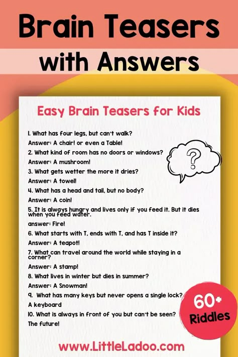 Fun and easy Brain Teasers for kids Easy Brain Teasers, Kids Jokes And Riddles, Funny Riddles With Answers, Kids Questions, Brain Teasers For Kids, Funny Riddles, English Lessons For Kids, Jokes And Riddles, Fun Family Activities