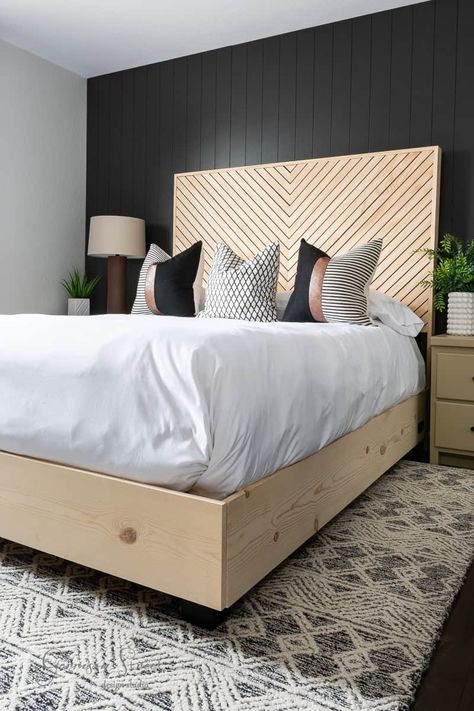 DIY Queen Headboard with Wood Slats and LED Lights | ©GarrisonStreetDesignStudio | DIY | Queen | Headboard | Wood | Slats | with lights | Affordable | DIY Queen Headboard | DIY Wood Bed | Headboard Ideas | Bed DIY | Tutorial | with LED Lights | 2x4 Bed Frame | Queen Bed Frame | Geometric | Mid Century | Boho | Storage | Bed | Pine | King | Under Bed Storage | Chevron | Homemade Headboards | Creative | Custom | Making a headboard DIY | Cool | Plans | Herringbone | Simple | Wooden | Modern 2x4 Bed Frame, Diy Wood Bed, Diy Queen Headboard, Bed Bedframe, Homemade Bed Frame, Bedframe Ideas, Mcm Scandinavian, Boho Storage, Diy Headboard Wooden