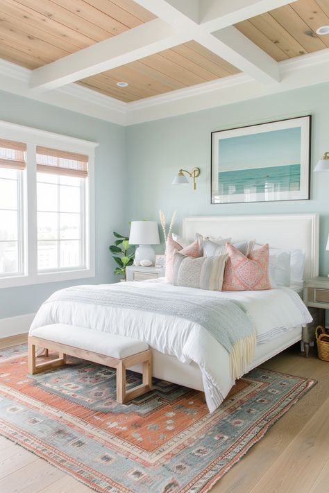 Farmhouse Coastal Bedroom Ideas, Ocean Guest Room, Light Blue And Green Bedroom Ideas, Modern Coastal Bedroom Ideas, Coastal Farmhouse Bedroom, Beach Rooms, Costal Bedroom, Coastal Room Decor, Modern Coastal Bedroom