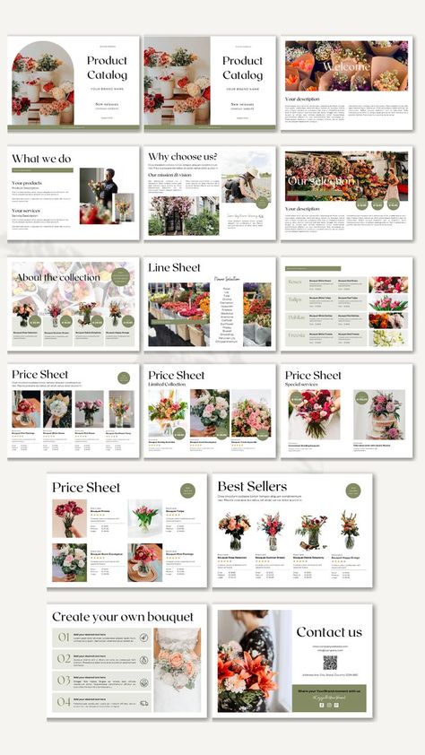 Line Sheet - Prizing Template | Product Catalog | Display & Prizing Wholesale Ebook | Pricing Sheet Canva Flower Catalog Design Layout, Flower Portfolio Design, Business Catalog Design Templates, Catalog Price List Design, Product List Design Layout, Wedding Catalog Design Layout, Wholesale Catalog Design, Flower Catalog Design, Pricing Sheet Design