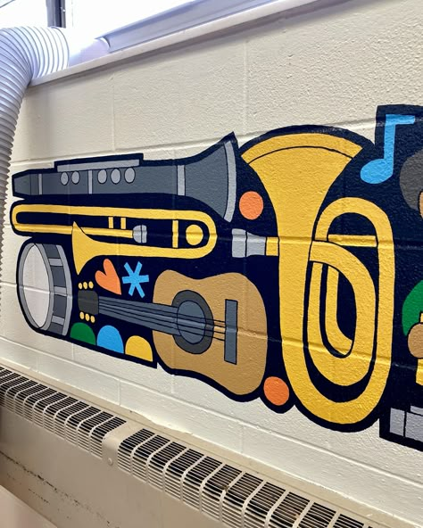 I wish I could paint all day, every day! Pics from last month's music room mural 💚💛 #muralpainting #communityart #muralartist #supportlocalartists #muralart #binghamtonny Music Mural Art, Music Room Decorations School, Art Based On Music, Music Wall Painting, Classroom Mural Ideas, Music Wall Mural, Tshirt Back Design, Music Room School, School Wall Design