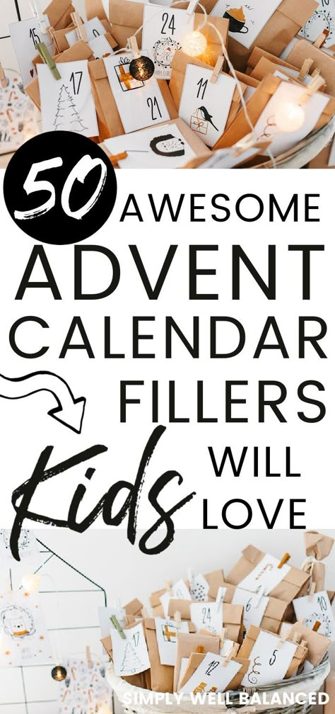 The best advent fillers for kids. 50 ideas for what to put in a kid's advent calendar. Small toys and treats that kids will love. These mostly non-candy advent calendar fillers make great gift ideas for your Christmas countdown. #christmas #holidays Advent Calendar Fillers For Kids, Fun Advent Calendar, Candy Advent Calendar, Kids Advent, Cool Advent Calendars, Advent Calendar Fillers, Homemade Advent Calendars, Calendar Advent, Christmas Advent Calendar Diy