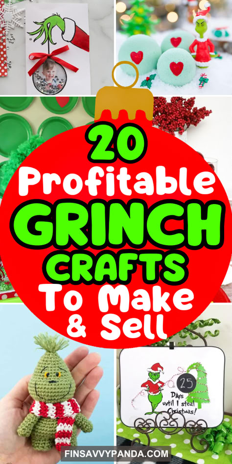 Grab these easy DIY Grinch crafts to make and sell for a profit! From Dollar Tree ornaments to unique wooden decor, these popular Grinch-inspired crafts are perfect for kids and adults alike. Create fun wreaths, wine glasses, paper plate projects, and more. Great for gifts and side hustle ideas, these crafts are sure to make you money this Christmas season! Grinch Inspired Ornaments, Grinch Fabric Ornaments, Frog Ornaments Diy, Diy Grinch Gift Ideas, Grinch Christmas Gifts Diy, Grinch Party Crafts, Diy Grinch Hand With Ornament, Grinch Diy Gifts, Grinch Craft For Toddlers