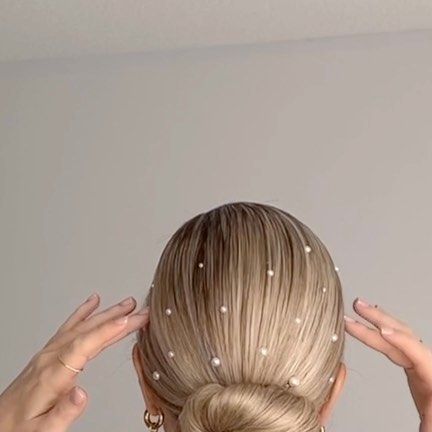 Pearls In Bun Wedding, Slick Back Pony With Pearls, Bridesmaids Hair With Pearls, Bridal Ponytail Pearls, Slick Back Bun With Pearls, Low Bun Pearls, Sleek Hair With Pearls, Pearls Hair Wedding, Hair Gems Ponytail