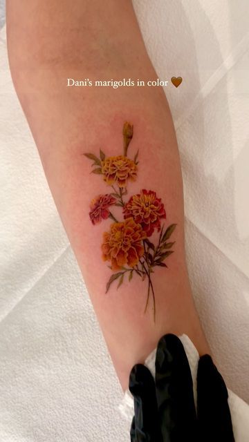 Dani on Instagram: "marigolds   #nyctattoo" Marigold Tattoo Men, Marigold And Poppy Tattoo, Marigold Tattoo Color, Marigold Tattoo Black And White, Marigold Bouquet Tattoo, Small Marigold Tattoo, Marigold Tattoo October, Sis Tattoo Ideas, Marigold And Cosmos Flower Tattoo