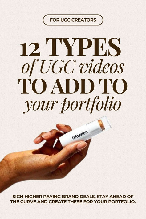 For UGC Creators:
12 VIDEOS TO ADD TO YOUR UGC PORTFOLIO 
SIGN HIGHER PAYING BRAND DEALS. Stay Ahead of the Curve AND CREATE THESE FOR YOUR PORTFOLIO.

ugc creator hand holding a glossier bronzer, trendy content creator aesthetic Ugc Content Equipment, Ugc Content Portfolio, Ugc Portfolio Ideas, Ugc Content Examples, Ugc Content Ideas, Ugc Examples, Ugc Creators, Brand Deals, Family Schedule