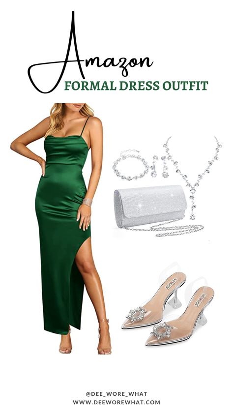 Green Dress With Silver Accessories, Jewelry For Green Dress Formal, Green Formal Dress Accessories, Accessories For Green Dress Jewelry, Green Formal Dress Outfit, Green Dress Silver Accessories, Emerald Green Dress Accessories, Green Wedding Guest Outfit, Formal Dress Outfit