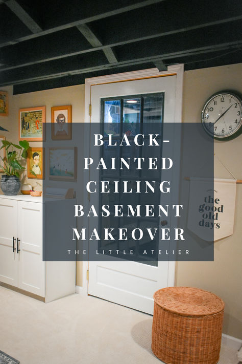 Finish your basement ceilings with black paint for a budget friendly but modern look Spraying Basement Ceiling Black, Basement Remodel With Black Ceiling, Black Ceiling Grey Floor, Basement Ceiling Black Paint, Finished Basement No Ceiling, Painted Basement Ceiling Ideas, Painting Unfinished Basement Ceiling, Best Black Ceiling Paint Color, Rooms With Black Ceiling