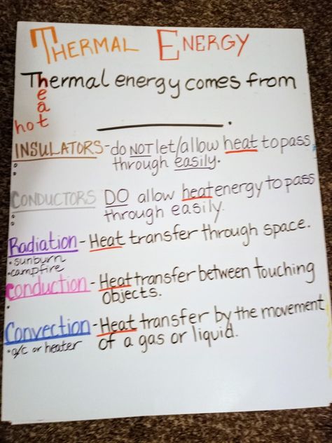 Science Thermal Energy anchor chart for homeschooling Energy Transfer Anchor Chart, Thermal Energy Anchor Chart, Thermal Energy Activities Middle School, Thermal Energy Activities, Thermal Energy Transfer Activities, Potential Vs Kinetic Energy Anchor Chart, Energy Transformations, Science Anchor Charts, Energy Activities