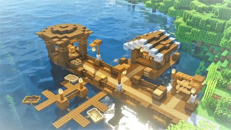 Minecraft Sea House Ideas, Harbour Minecraft Ideas, Minecraft Loading Dock, Boat Dock Ideas Minecraft, Cute Boat Dock Minecraft, Boat Deck Minecraft, Lake House Minecraft Easy, Fishing Docks Minecraft, Cute Dock Minecraft