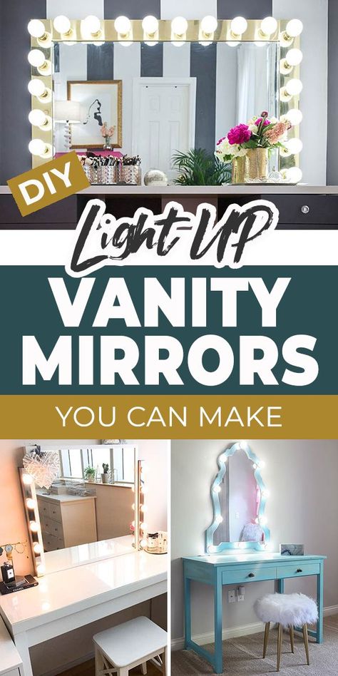 These DIY vanity mirrors are the perfect project in any house! Let’s face it, who wouldn’t want a light up vanity mirror? It feels good to pamper yourself, right? Diy Light Up Mirror, Diy Lighted Mirror, Mirror With Lights Around It, Makeup Mirror Diy, Diy Mirror With Lights, Light Up Vanity Mirror, Diy Vanity Mirror With Lights, Diy Makeup Mirror, Diy Vanity Lights