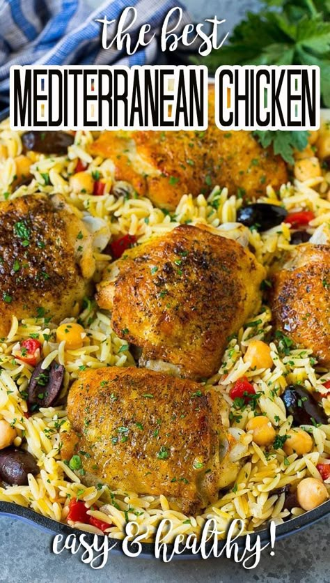 This recipe for Mediterranean chicken is chicken thighs, olives, roasted peppers and orzo, all cooked in a single pan. Chicken Thigh Recipes Mediterranean Diet, One Pan Mediterranean Recipes, Mediterranean Chicken And Rice Recipes, Chicken Thigh Recipes Mediterranean, Mediterranean Chicken Thigh Recipes, Mediterranean Chicken Breast Recipes, Chicken Thighs And Orzo, Easy Spring Dinner Recipes, Mediterranean Chicken Orzo