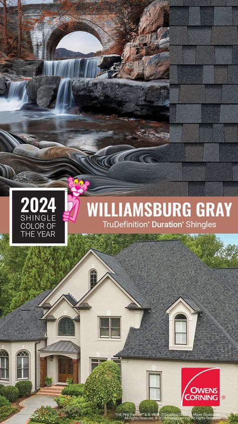 The 2024 Shingle Color of the Year Williamsburg Gray pairs with a variety of home styles for a look you'll love. Owens Corning Shingles, Being One With Nature, Roof Shingle Colors, Garage Plans With Loft, Custom Laundry Room, Shingle Colors, History Taking, Traditional Beauty, Exterior Paint Color