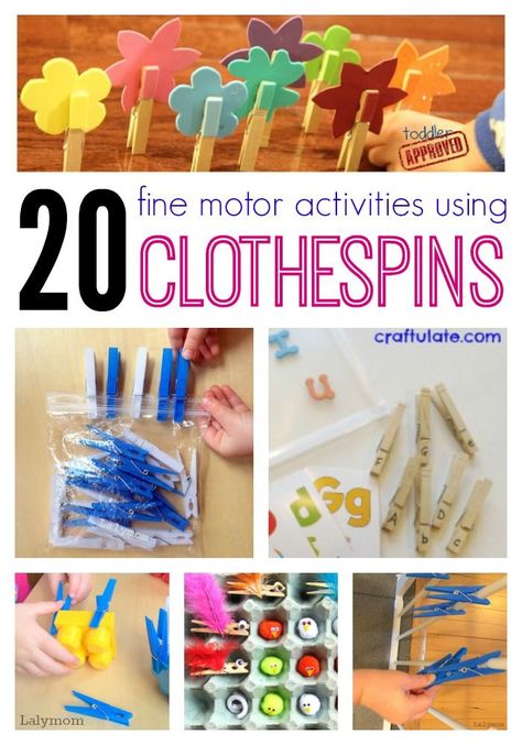 20 Fine Motor Activities Using Clothespins on Lalymom.com. Everything from super simple busy bags to letter learning, math, colors and more-... Fine Motor Ideas, Fine Motor Activities For Kids, Quiet Time Activities, Preschool Fine Motor, Fine Motor Skills Activities, Motor Skills Activities, Toddler Snacks, Clothes Pin Crafts, Busy Bags