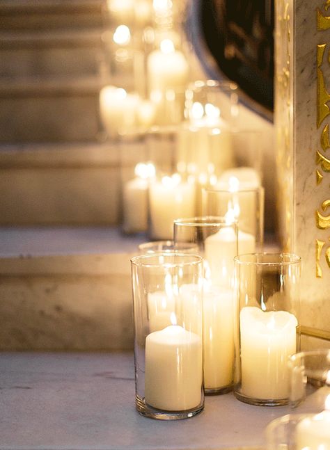 Gold Chicago Wedding at The Rookery Candle Stairs, Cylinder Candles, Candle Glow, Venue Decor, Candle Inspiration, French Wedding, Wedding Mood Board, Pillar Candle Holders, Art Deco Wedding