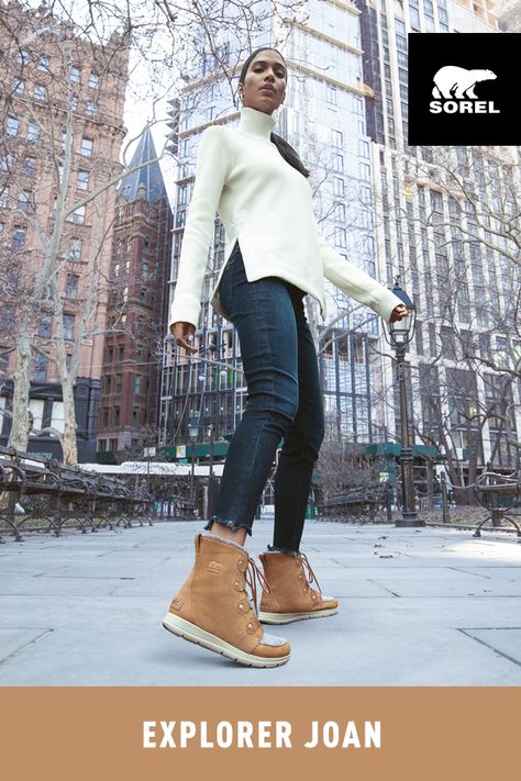 This lightweight explorer takes on anything from city streets to mountain getaway. How To Style Sorel Boots, Sorel Out And About Boot Outfit, Sorel Boots Outfit, Fall Shoes For Women, Winter Fashion Cold, Best Sneaker, Sorel Winter Boots, Mountain Outfit, Sorel Boots Womens