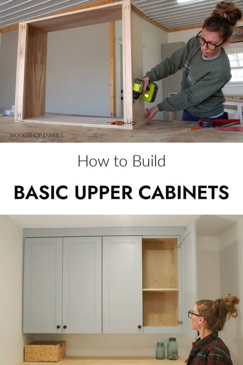 Frameless Cabinets Diy, How To Build Upper Cabinets, Building Upper Cabinets, How To Build Kitchen Cabinets, Build Upper Cabinets, Diy Upper Cabinets, Diy Upper Kitchen Cabinets, Diy Custom Cabinets, How To Make Cabinets