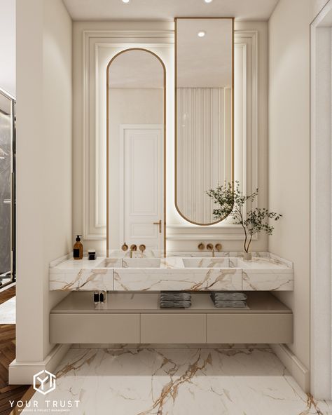 Modern Vanity Designs For Bathroom, Luxury Interior Design Bathroom, Modern Vanities Bathroom, Elegant Marble Bathroom, Luxury Master Bathrooms Mansions, White Washroom Design, Bathroom With 2 Toilets, Vanity Design Modern, Luxury Bathroom Vanity Design