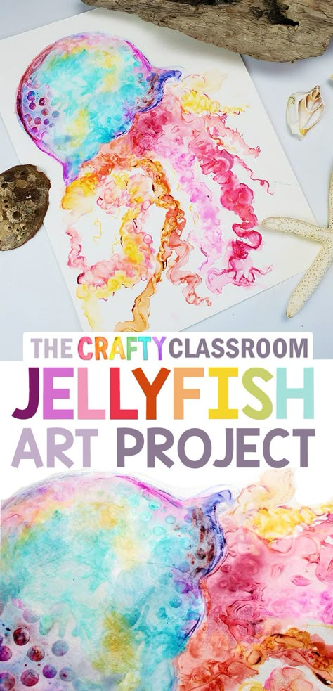 Watercolor & glue Jellyfish art project. Free step by step tutorial from TheCraftyClassroom.com  Perfect for learning mixed media, texture, warm and cool colors, hue and more! Ocean Art Projects, Art Project For Kids, Jellyfish Art, Project For Kids, Ocean Crafts, Elementary Art Projects, Homeschool Art, Kindergarten Art, Art Lessons Elementary