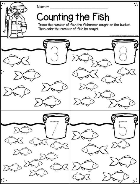 Fish Preschool, Ocean Preschool Worksheets, Summer Preschool Worksheets, Summer Worksheets For Preschool, Sea Animal Worksheets Preschool, Beach Activities Preschool, Fish Counting Preschool, Beach Worksheets For Preschool, Fish Worksheet