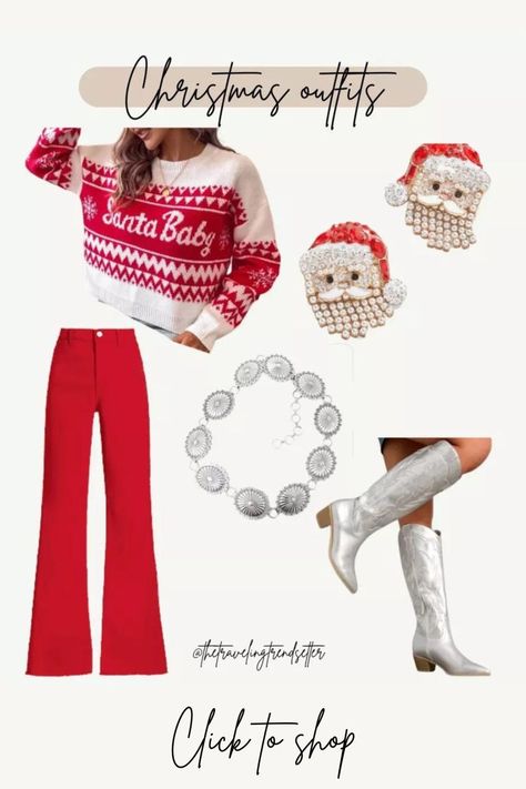 Christmas Outfit Inspiration Christmas Outfit With Red Pants, Western Theme Christmas Party Outfit, Santa Themed Party Outfit, Santa Pub Crawl Outfits, Christmas Pub Crawl Outfit, Santa Bar Crawl Outfit, Cowboy Christmas Party Outfit, Cowboy Christmas Outfits For Women, Red Pants Christmas Outfit