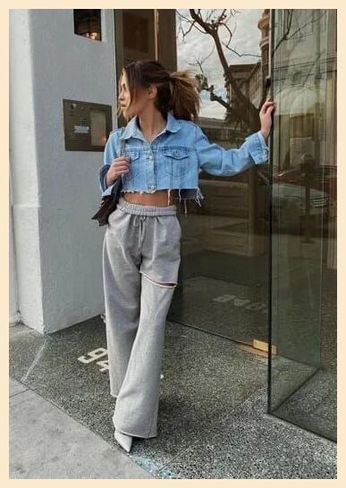 [Promotion] 82 Essential Cropped Denim Jacket Outfit Recommendations You'll Be Surprised By Now #croppeddenimjacketoutfit Sweats With Heels, Dress Up Sweatpants Outfits, Trendy Sweatpants Outfit, Sweatpants With Heels, Sweats And Heels, Cropped Denim Jacket Outfit, Trendy Sweatpants, Sweatpants Outfit Ideas, Sweatpants Outfits