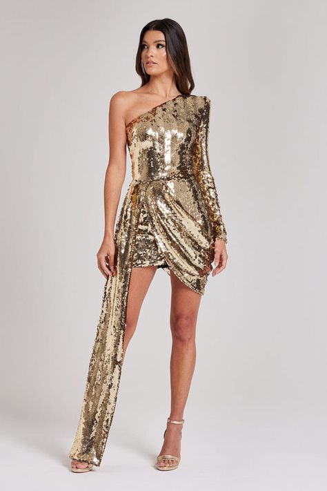 Best Selling Women's Occasion Pieces | NADINE MERABI Nadine Merabi, Mini Gold Dress, Mini Homecoming Dresses, Gold Sequin Dress, Sequin Sleeve, Golden Birthday, Beautiful Figure, Studio 54, Liquid Gold