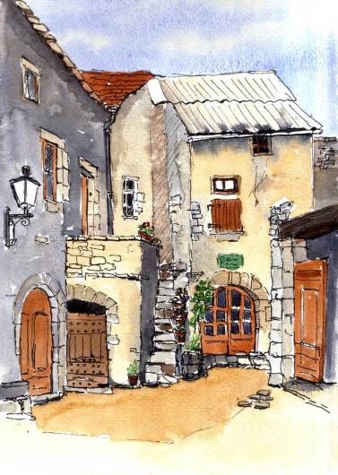 la-couvertoirade Village Drawing, Buildings Artwork, Landscape And Urbanism Architecture, Line And Wash, Pen And Wash, European Street, Watercolour Ideas, Watercolor Architecture, Art Village