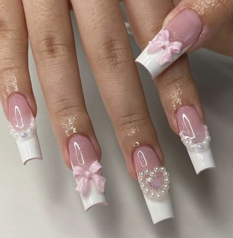 Nail Design Gold, Nails Bow, Purple Nail, Really Cute Nails, Pearl Nails, White Nail, Pink Acrylic, Pink Acrylic Nails, Hot Nails