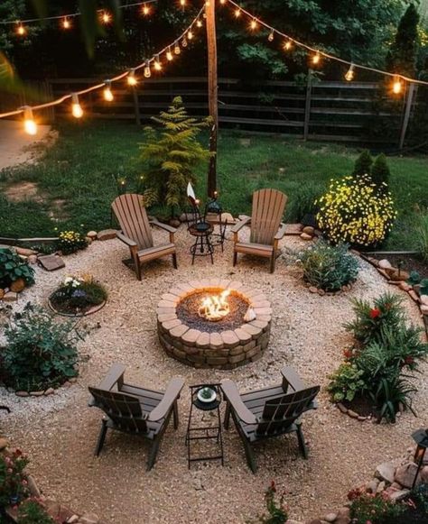 Backyard Patio Designs Rustic, Fire Pit Off Of Deck, Outdoor Gravel Area, Pebble Stone Fire Pit Area, Arbor Fire Pit, Fire Pit Yard Ideas, Lighting For Fire Pit Area, Outdoor Family Space, Simple Gravel Patio