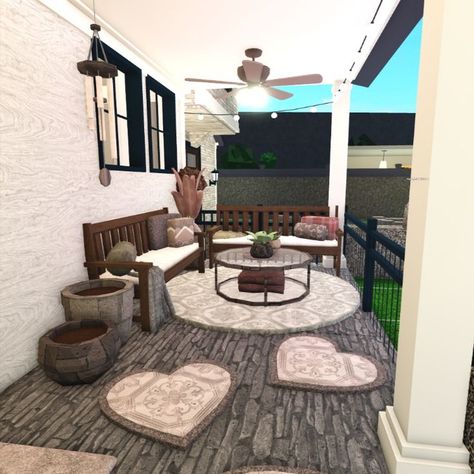 roblox bloxburg Things To Add In Bloxburg House, Bloxburg Decorating Ideas Outside, Cute Houses To Build In Bloxburg, Pathway Ideas Bloxburg, Bloxburg Back Porch Ideas, Porch Idea Bloxburg, Bloxburg Area Ideas, Bloxburg Chill Room Ideas, Bloxburg Porch Ideas Aesthetic