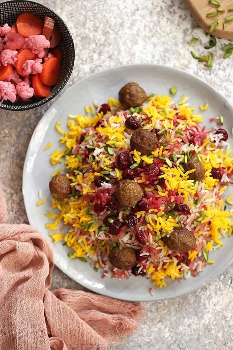 Albaloo Polo, Cherry Rice, Persian Food Iranian Cuisine, Food Iranian, Meatballs Chicken, Persian Dishes, Iranian Dishes, Iranian Cuisine, Iran Food