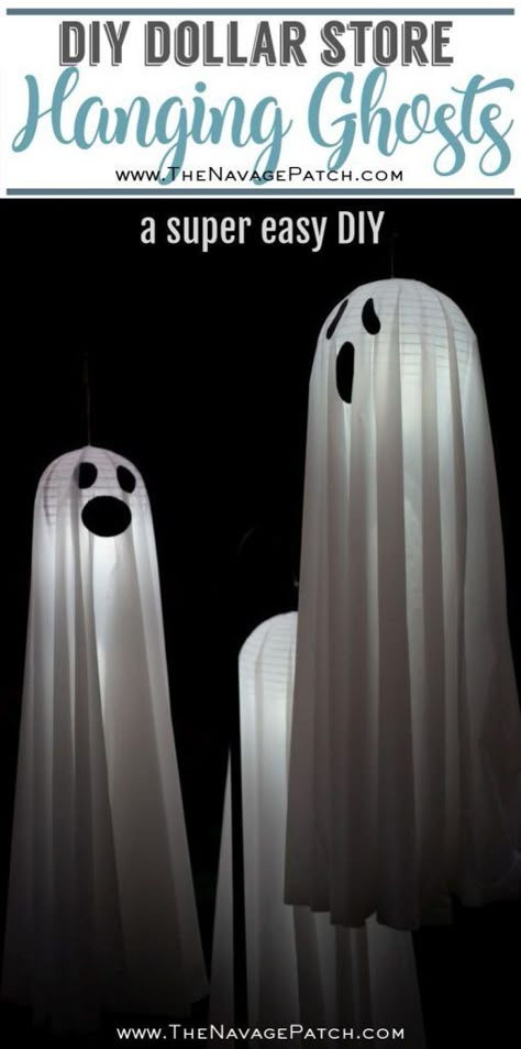 Dollar Store Halloween Diy, Yard Ghosts, How To Make Ghosts, Diy Halloween Ghosts, Outdoor Ghosts, Halloween Decor Diy, Lights Diy, Ghost Diy, Hanging Ghosts