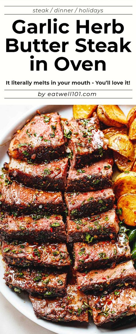 Oven Roasted Steak - #steak #recipe #eatwell101 - This melt in your mouth tomahawk rib-eye steak recipe is just what you need to celebrate the holidays this year! - #recipe by #eatwell101® Garlic Herb Butter Steak, Rib Eye Steak Recipes Oven, Herb Butter Steak, Oven Roasted Steak, Fillet Steak Recipes, Round Eye Steak Recipes, Roasted Steak, Herb Butter For Steak, Sirloin Steak Recipes