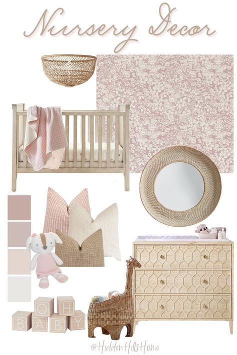 I'm in love with this soft neutral baby girl nursery mood board! The floral pink wallpaper is the perfect accent wall for this space! Nursery mood board, Baby Girl Nursery ideas Boho Baby Girl Nursery Wallpaper, Neutral Pink Boho Nursery, Soft Pink Neutral Bedroom, Pink Beige Nursery, Pink Nursery Rug Ideas, Neutral Pink Nursery Ideas, Pink And Beige Nursery Ideas, Neutral Nursery With Pink Accents, Pink Modern Nursery