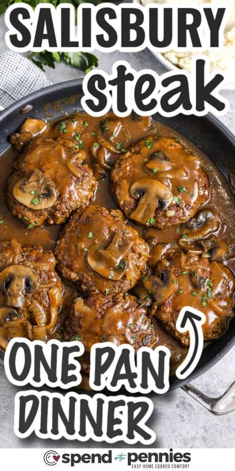 Salisbury Steak Easy Steak And Mushroom Recipes, Easy Steak Dinner For Two, Salisbury Steak Garlic Mashed Potatoes Mushroom And Onion Gravy, Pounded Steak Recipes, Salisbury Steak Burgers, Easy Ground Meat Dinner Ideas, Poor Man Salisbury Steak, Hamburger Salisbury Steak Easy, Easy Chopped Steak Recipes