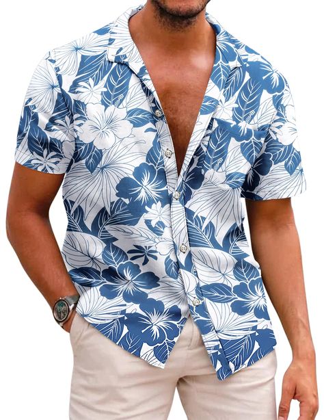 PRICES MAY VARY. 【HIGH QUALITY FABRIC】This hawaiian shirt made of soft and comfortable fabric, keeping you a skin friendly, breathable, lightweight and cool feeling. 【HAWAIIAN PRINT STYLE】The summer hawaiian shirt features with a tropical floral print, all over printing which brings you striking looking, vibrant prints add tropical appeal to this men cotton aloha shirts. 【STYLISH DESIGN】The men vacation beach shirt designed with loose fit, button up closure, short sleeve, spread collar and left Men Vacation, Beach Wedding Guest Attire, Beach Shirt Design, Button Down Shirt Short Sleeve, Hawaiian Clothing, Casual Beach Wedding, Shirts Short Sleeve, Hawaiian Outfit, Guest Attire