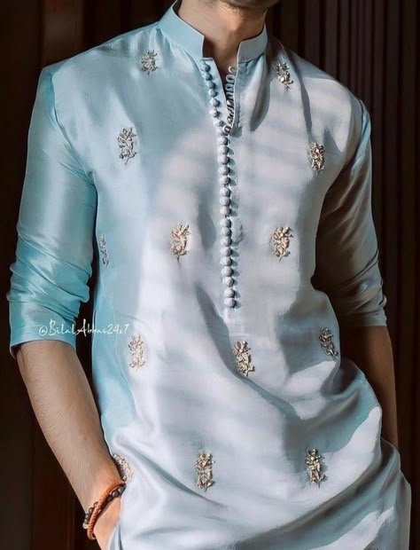 Panjabi Suit For Men, Kurta With Embroidery For Men, Kurtas For Men Style Indian, Blue Kurta Men, Mens Ethnic Wear Kurta, Men Kurta Designs Style, Stylish Kurta For Men, Kurta Embroidery Design, Men Kurta Design