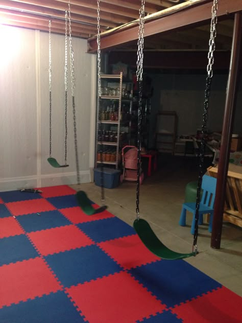 Swings in basement playroom Unfinished Basement Walls, Cheap Basement Ideas, Unfinished Basement Ceiling, Cheap Basement Remodel, Trofast Ikea, Unfinished Basement Ideas, Basement Decoration, Basement Lighting, Basement Remodel Diy