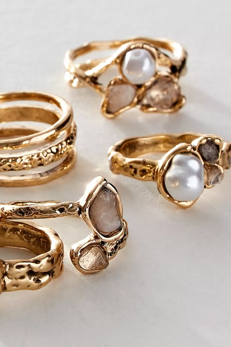 Bay Side Ring Set | Free People Pearl And Stone Ring, Ring Inspo Jewelry Gold, Cool Ring Stacks, Boho Ring Stack, Good Jewelry Brands, Silver Pearl Rings, Boho Gold Rings, Rings On Hand Aesthetic, Granola Rings