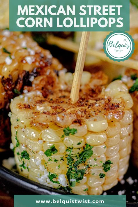 These corn lollipops are a fun twist on the classic Mexican street corn, giving you all the flavors you love but on a stick. The corn gets a nice crisp on the outside from frying, while staying tender inside. When you bite in, you get a balance of sweet, savory, and just the right amount of heat. Spicy Mexican Corn Bites, Mexican Street Corn In A Cup, Corn Bites Recipe, Corn Bites, Corn Skewers, Taco Board, Street Corn Recipe, Mexican Appetizers, Mexican Corn