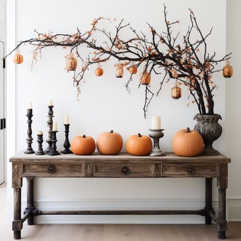 Halloween Indoor Decor - Create a Haunting Entryway Halloween Indoor Entryway, Halloween Branches Decorations, Boho Halloween Table Decor, Fall Halloween Decor Ideas For The Home, Halloween Entrance Table, Halloween Decorations Indoor Cute, Countertop Halloween Decor, Fall Halloween Table Decor, Halloween Cobwebs Decoration Indoor