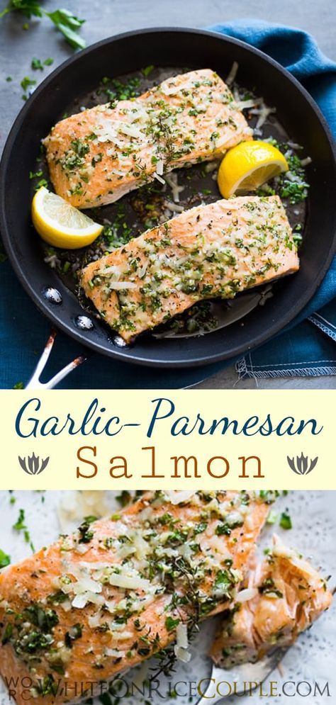 Healthy Garlic Parmesan Salmon Recipe Oven Baked | @whiteonrice Lemon Parmesan Salmon, Italian Salmon Recipes, Salmon Recipe Oven, Garlic Parmesan Salmon, Italian Salmon, Shrimp Parmesan Pasta, Salmon Recipes Oven, Parmesan Salmon, Salmon Filets